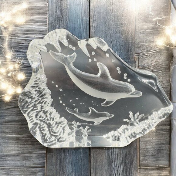 Vintage Clear Crystal Glass Plaque Paperweight Dolphins Figurine Decorative VTG - Picture 2 of 13